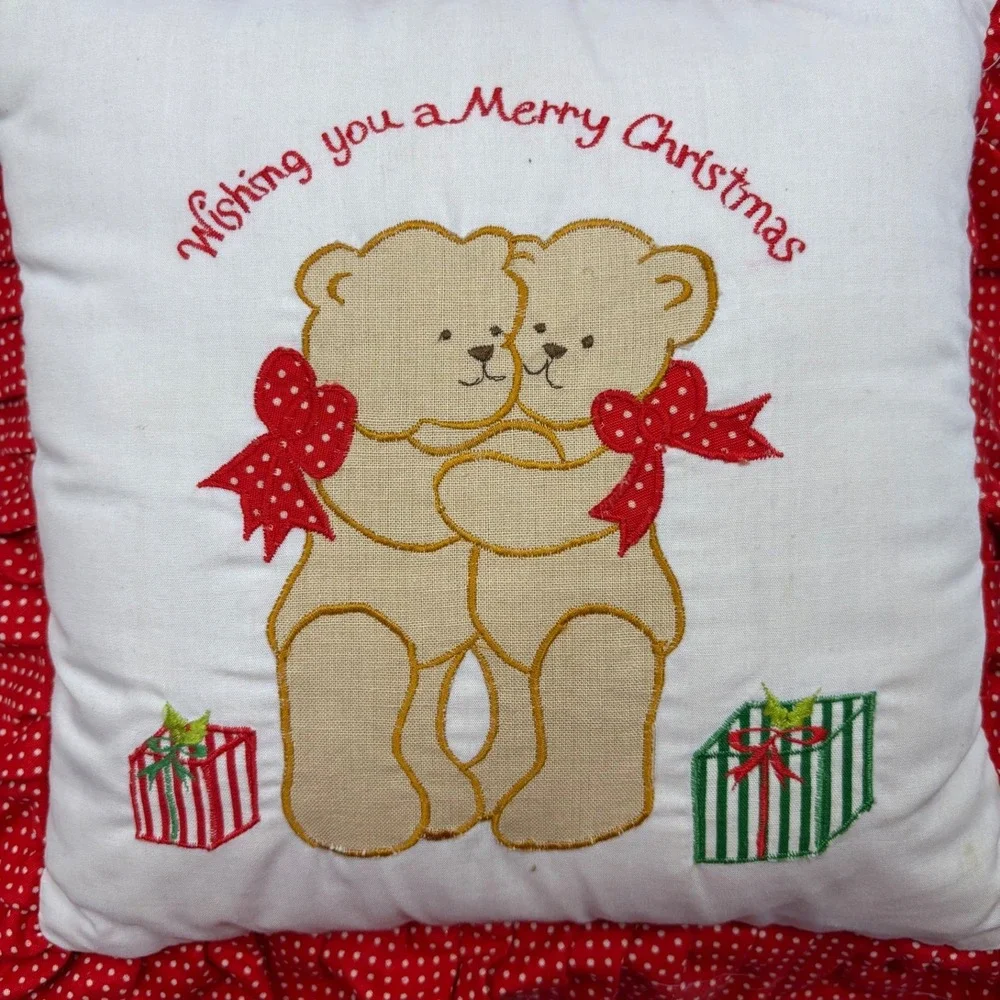 Vintage 1979 Enesco Lucy & Me Christmas Teddy Bear Ruffle Pillow Polka‎ Dot Red